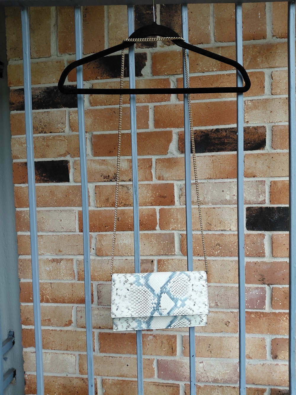 kate spade White and Light Blue Snake-Print Crossbody with Gold Chain